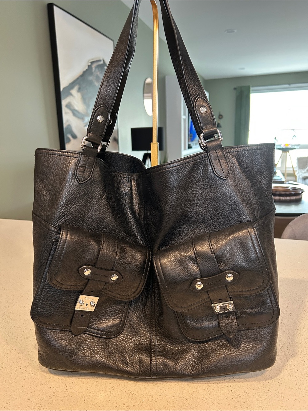 Ralph Lauren Black Pebbled Leather Shoulder Tote w/Equestrian Scarf & Charm - Picture 4 of 16
